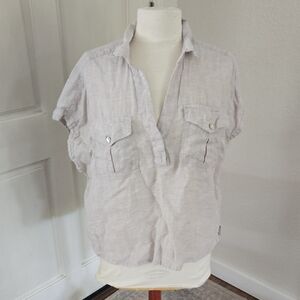 Nicole Miller Beige Linen Short-Sleeve Button Top